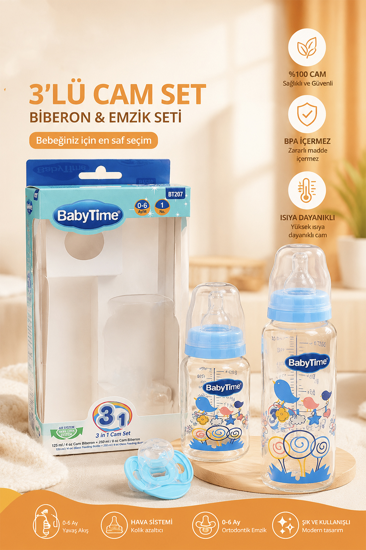 3’lü Kutulu Cam Biberon Seti 250 ml + 125 ml + Emzik 0-6 Ay