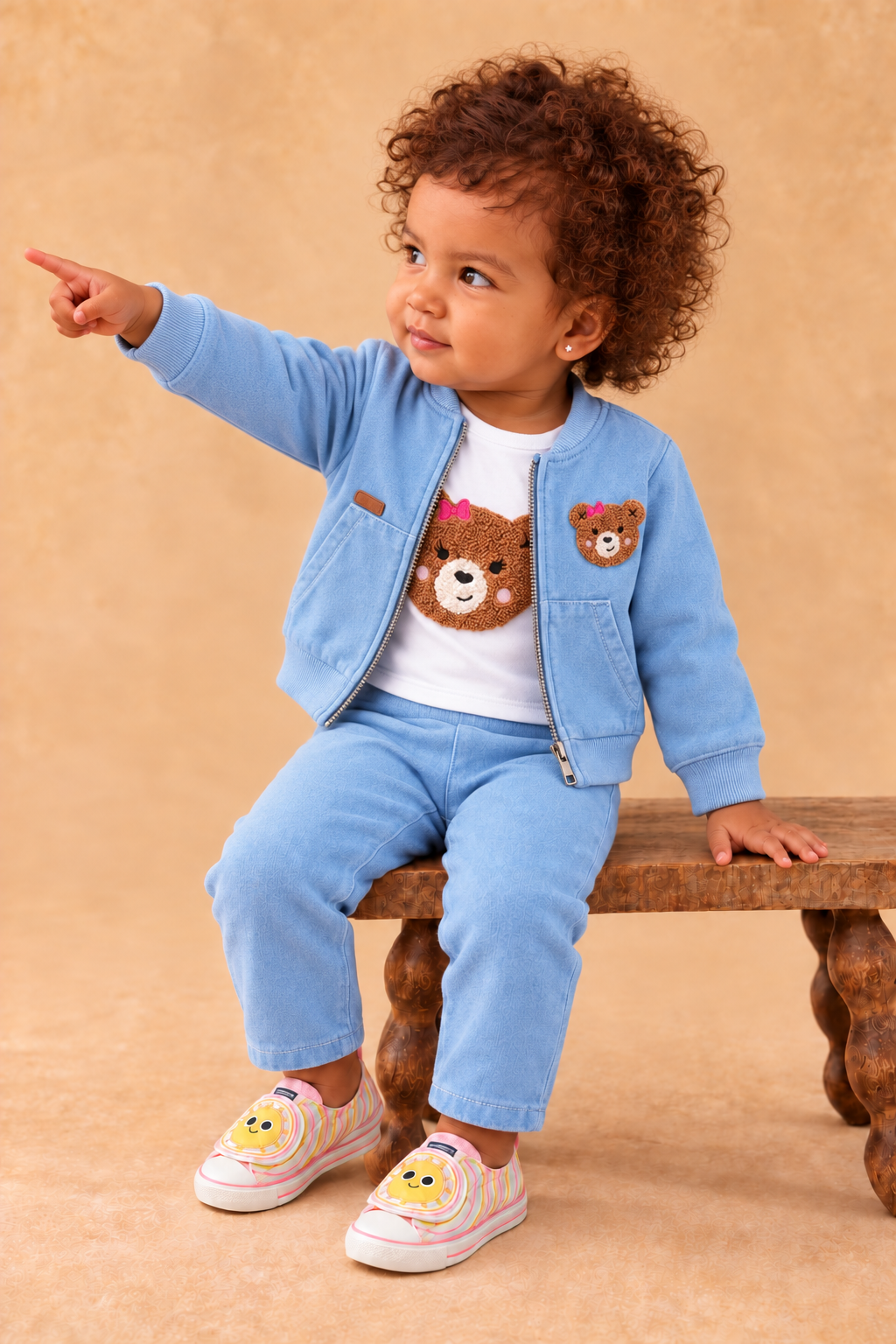 Rocha Kız Bebek Denim Görünümlü Fiyonklu Ayıcık Nakışlı 3’lü Takım - Pamuklu Ceketli Kombin Set