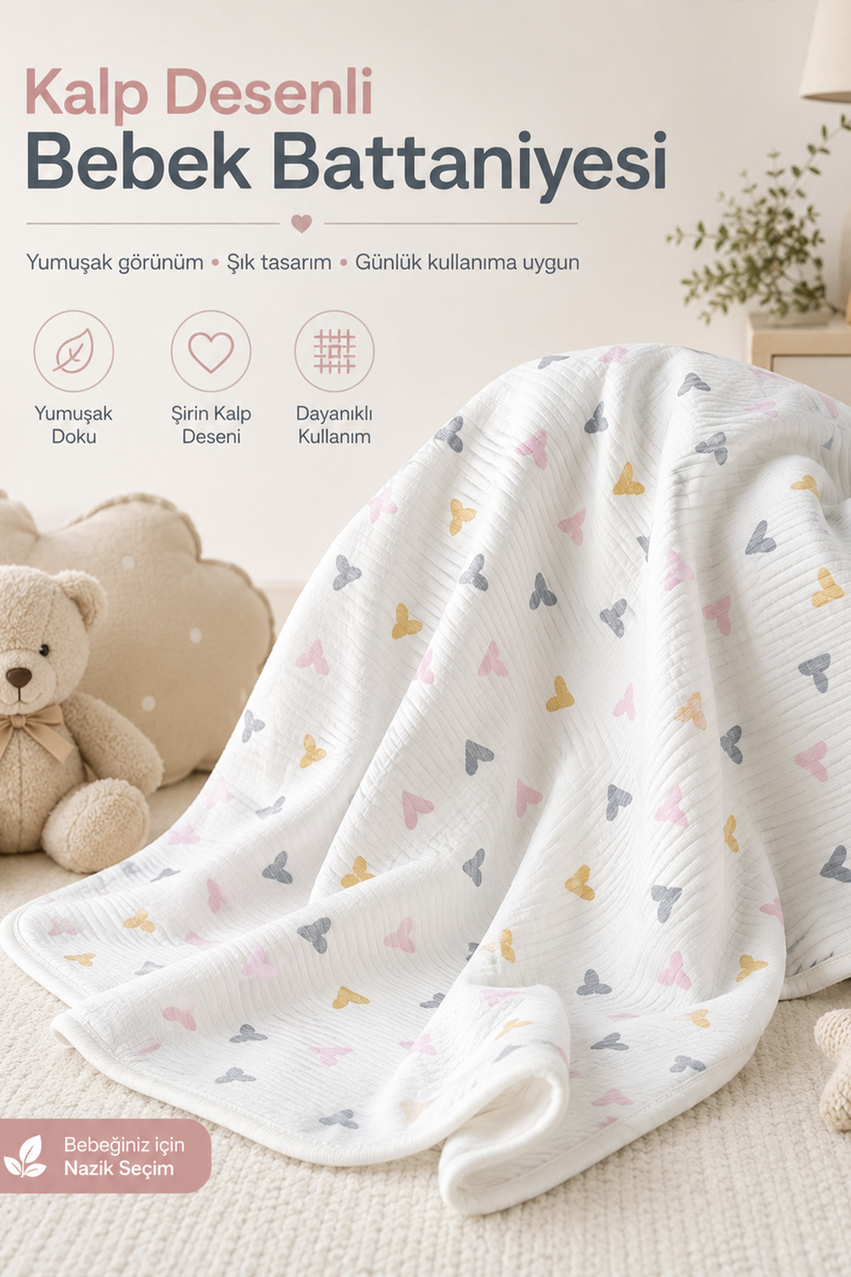 Kalp Desenli 0 Pamuk Bebek Battaniyesi Yumuşak Dokulu Günlük Kullanım