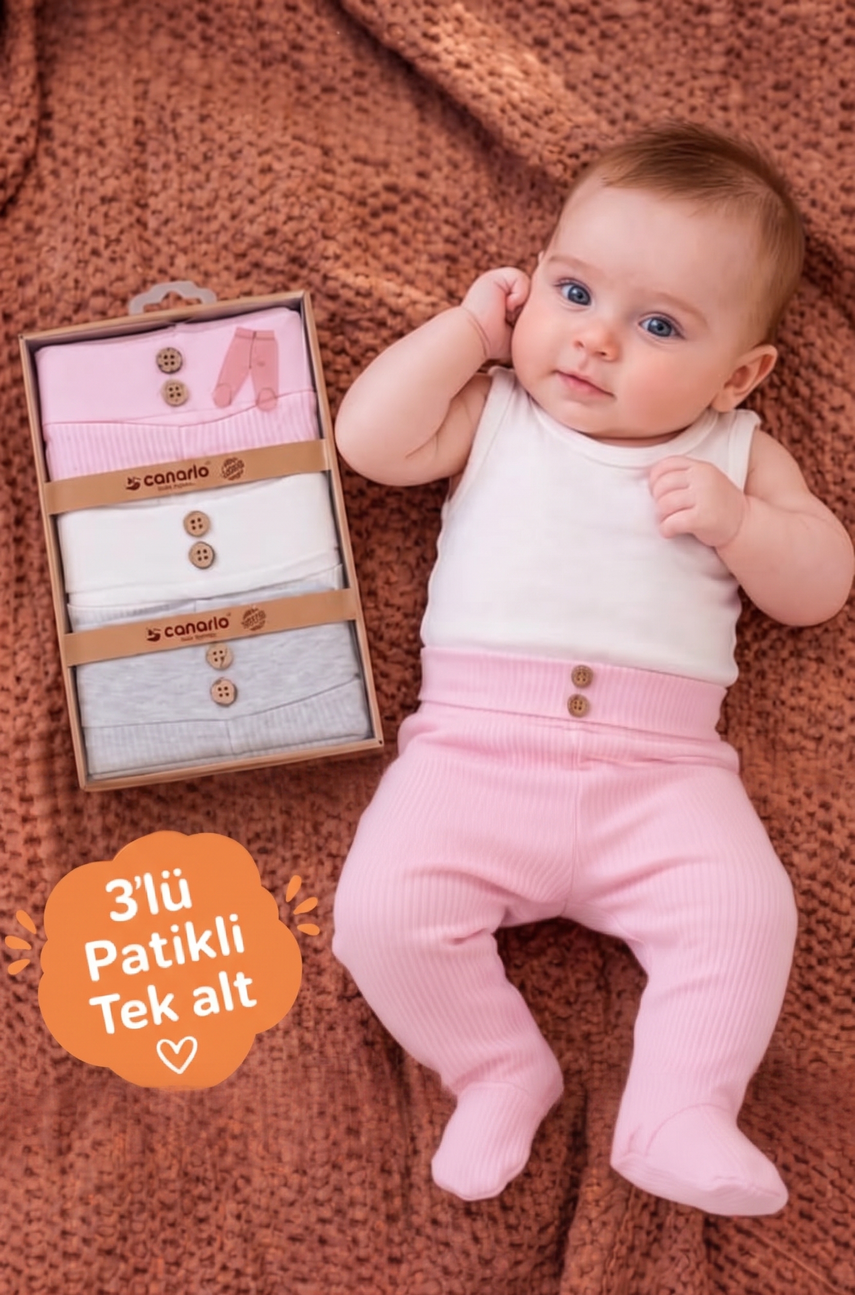 Rocha Baby Bebek Fitilli Pamuklu Yüksek Bel Patikli 3'Lü Kutulu Alt Pantolon Ahşap Düğmeli