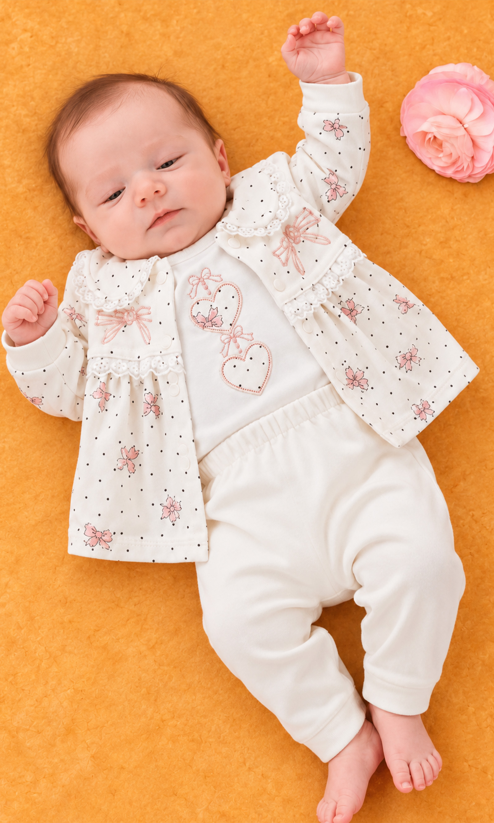 Kız Bebek Ekru Puantiyeli Bebe Yaka Hırkalı Zıbınlı Kalpli 3'Lü Takım
