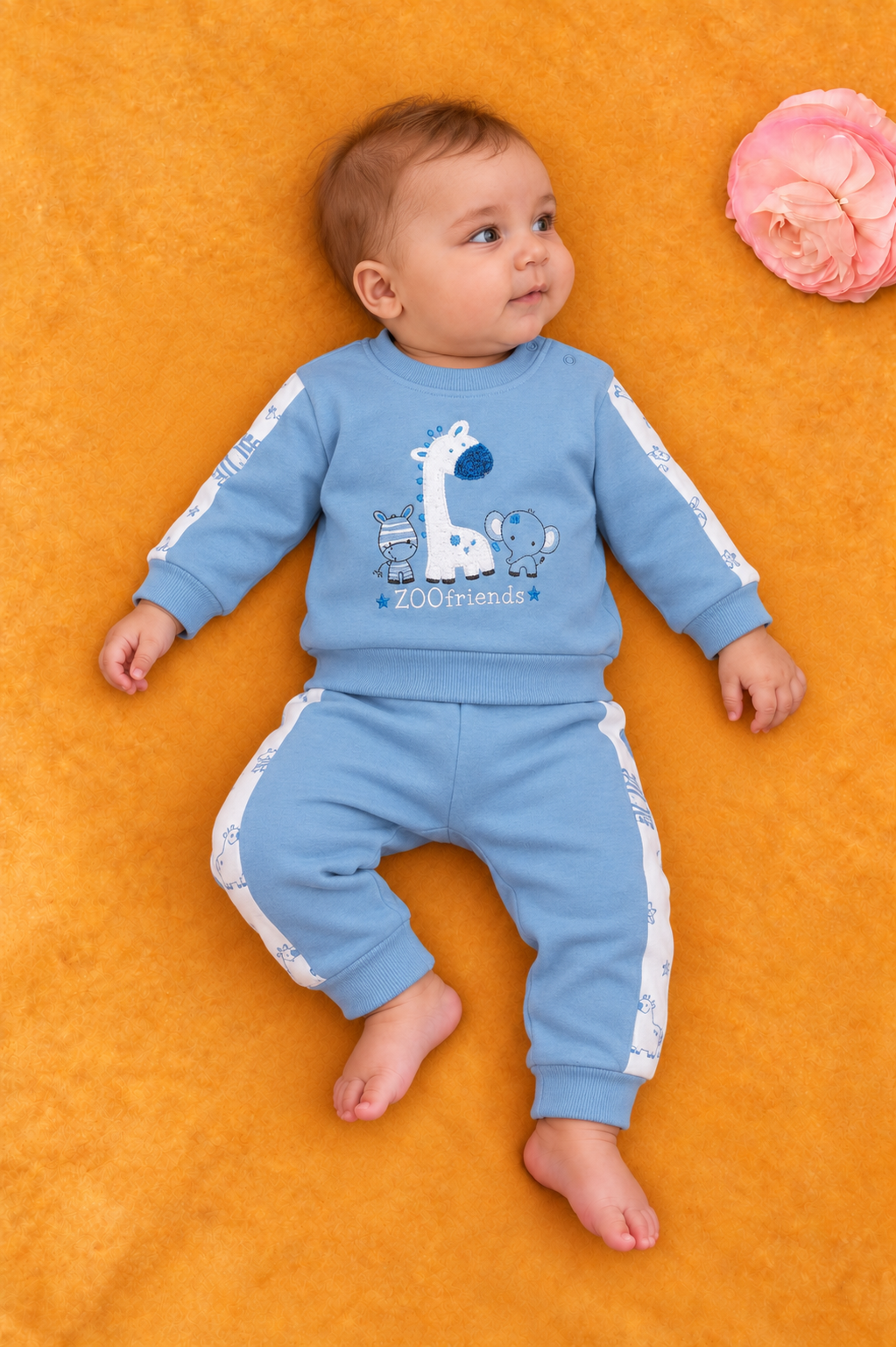 Rocha Bebek ZOO Friends Nakışlı 2'li Takım - Şerit Detaylı Pamuklu Sweatshirt ve Alt Set