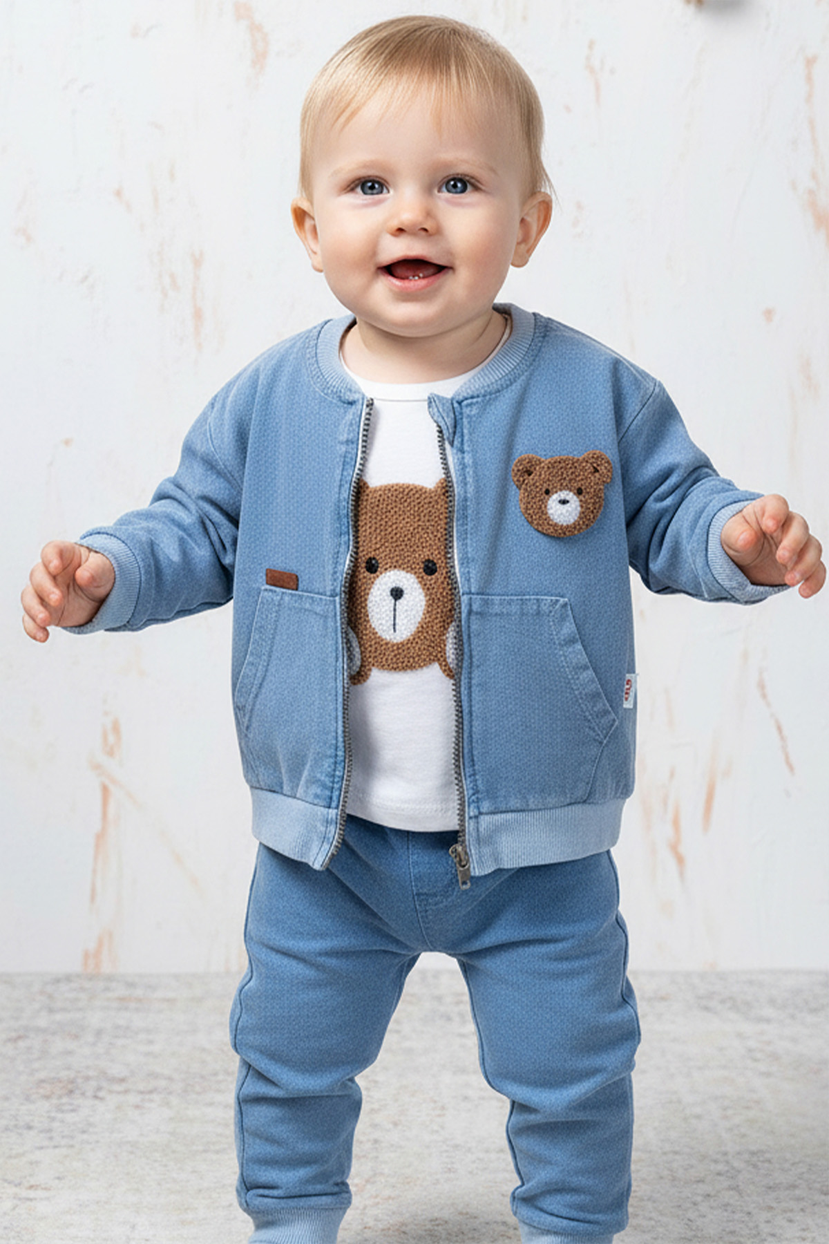 Rocha Erkek Bebek Mavi Denim Görünümlü Ayıcık Nakışlı 3’lü Takım - Pamuklu Ceketli Kombin Set