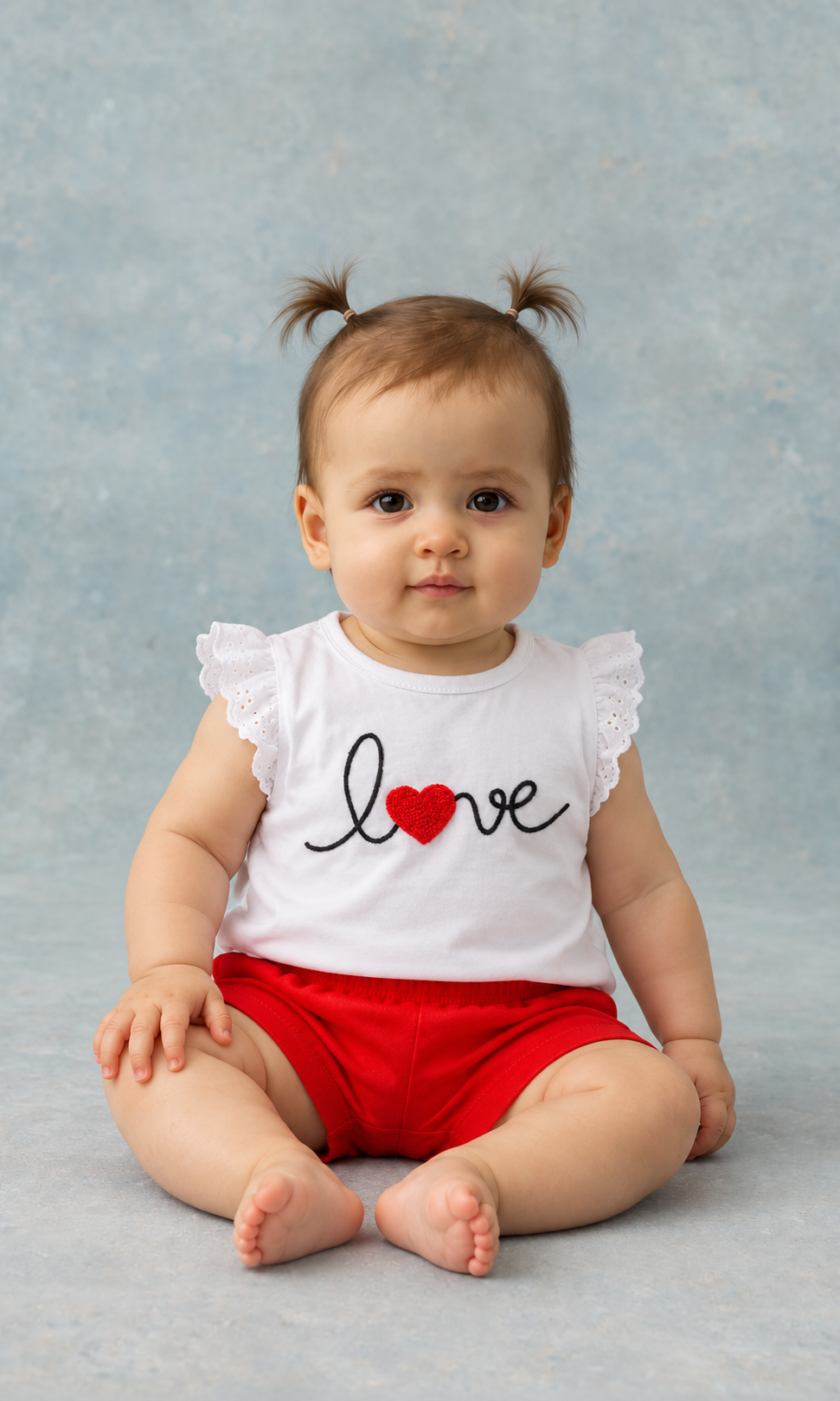 Love Nakışlı Kız Bebek Yazlık Takım Fisto Kollu Beyaz Tişört Kırmızı Şort 2’Li Bebek Takımı
