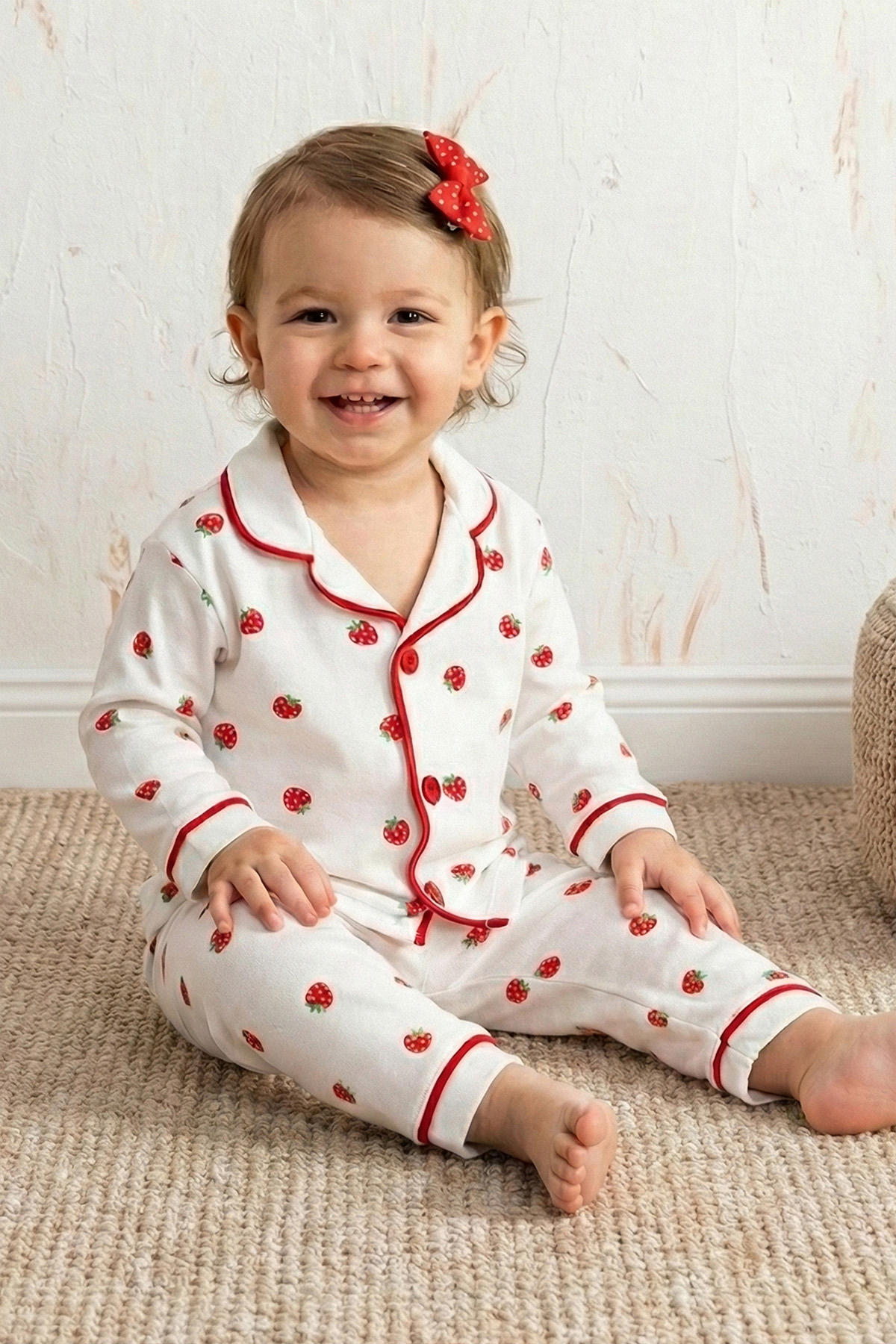 Rocha Bebek Çilek Baskılı 2'li Pijama Takımı - Düğmeli Pamuklu Bebek Uyku Seti