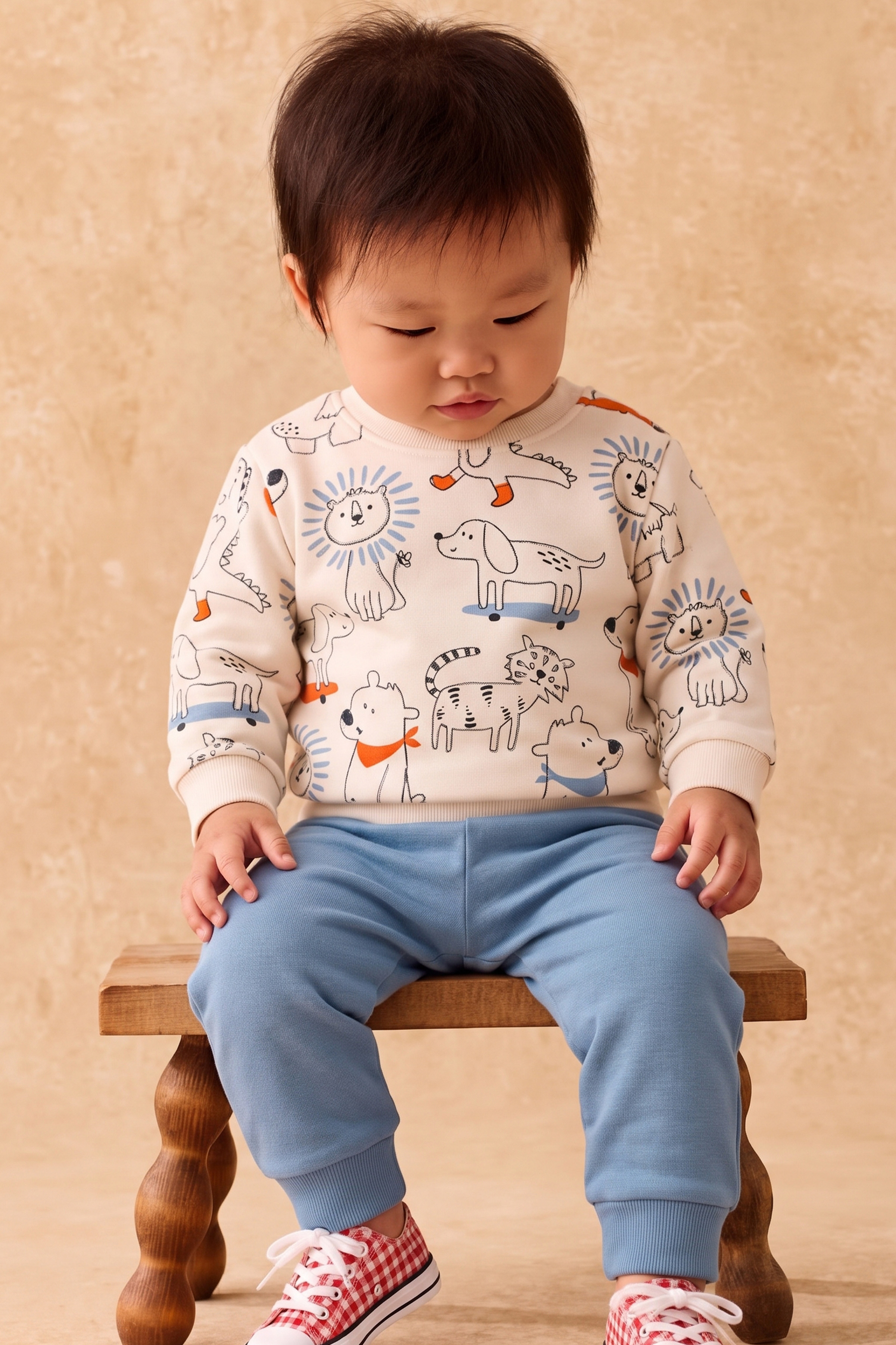 Rocha Bebek Hayvan Dostları Desenli 2'li Takım - Pamuklu Sweatshirt ve Pantolon Seti