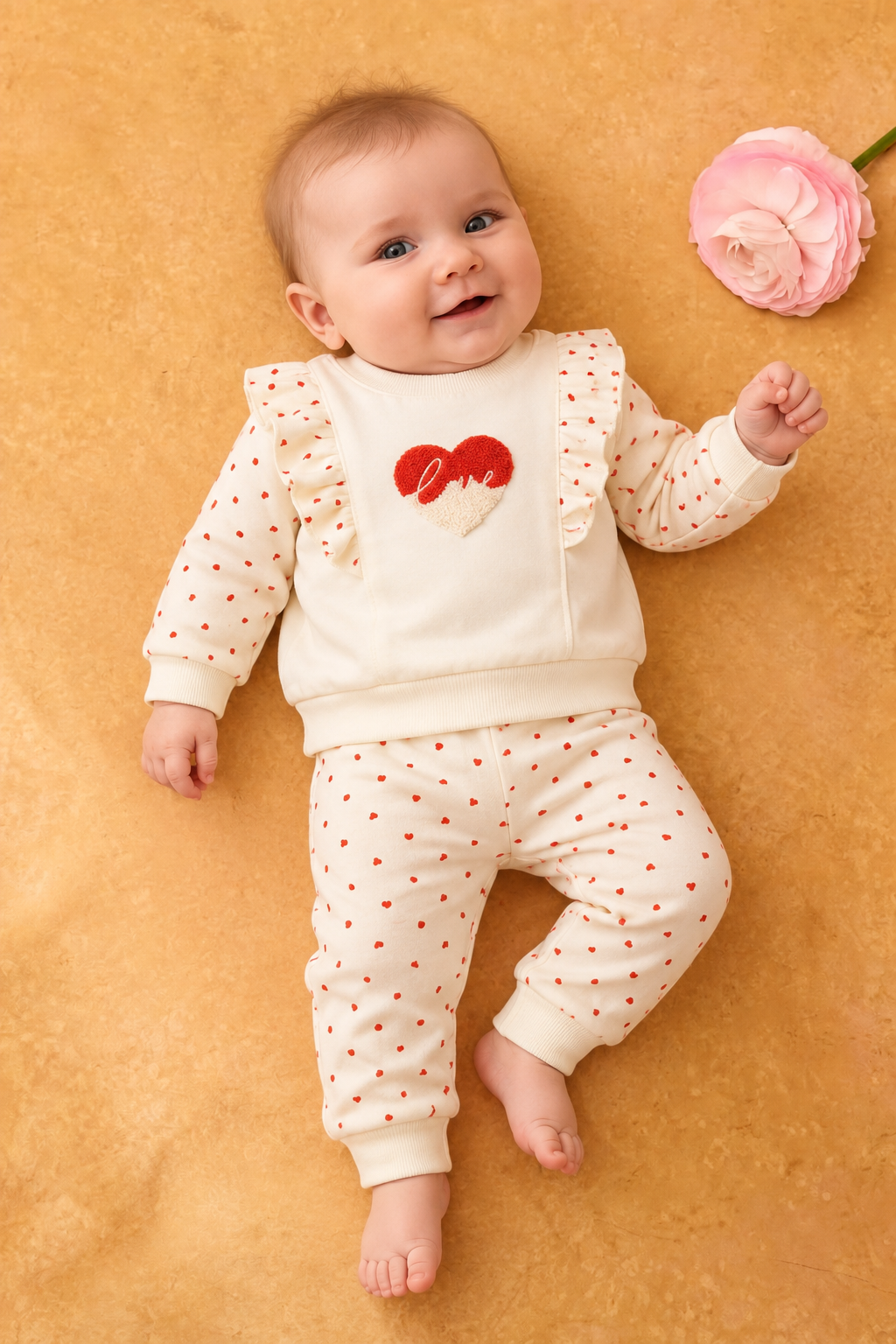 Rocha Bebek Kırmızı Kalp Nakışlı 2'li Takım - Fırfırlı Love Baskılı Pamuklu Set