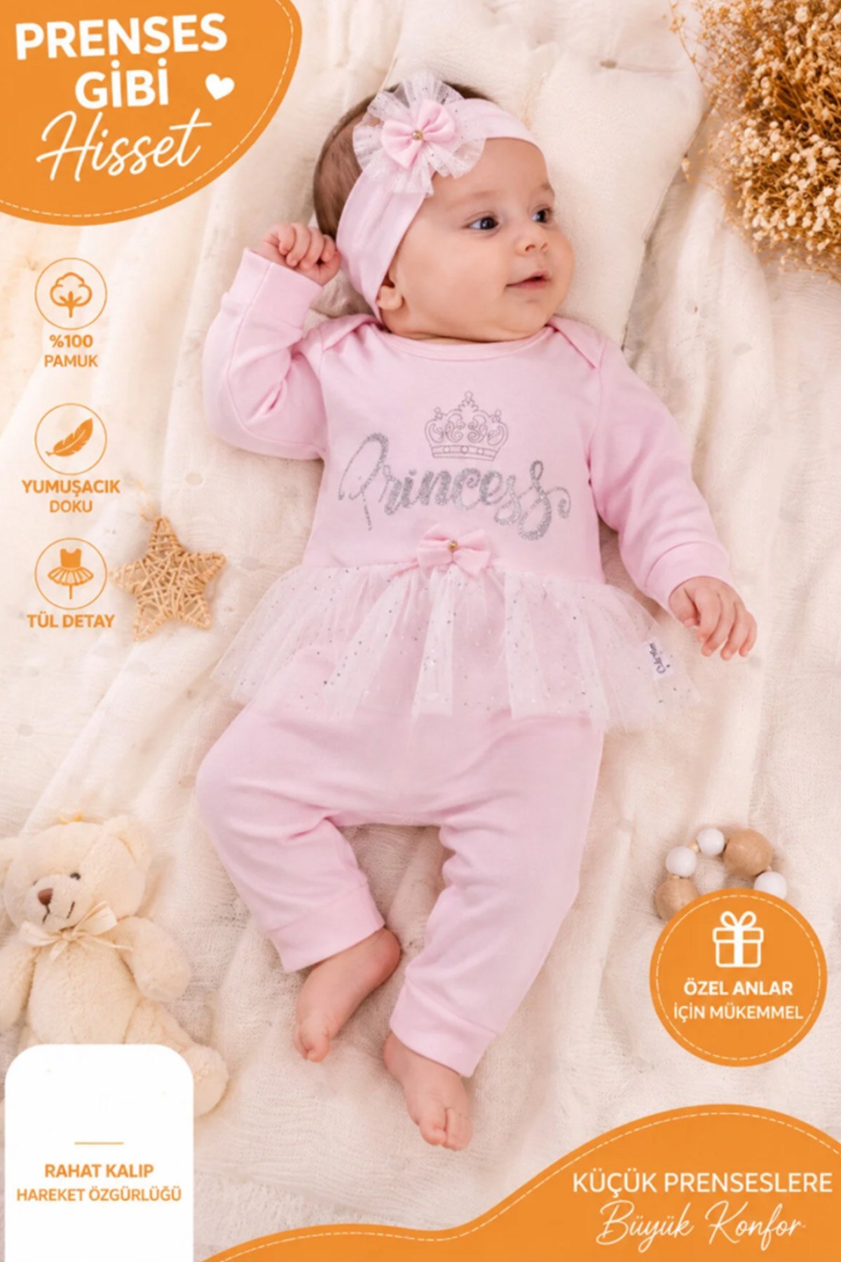 Rocha Kız Bebek Prenses Temalı 3’lü Takım Gümüş Simli Baskılı Tüllü Zıbın, Pantolon ve Bandana Seti