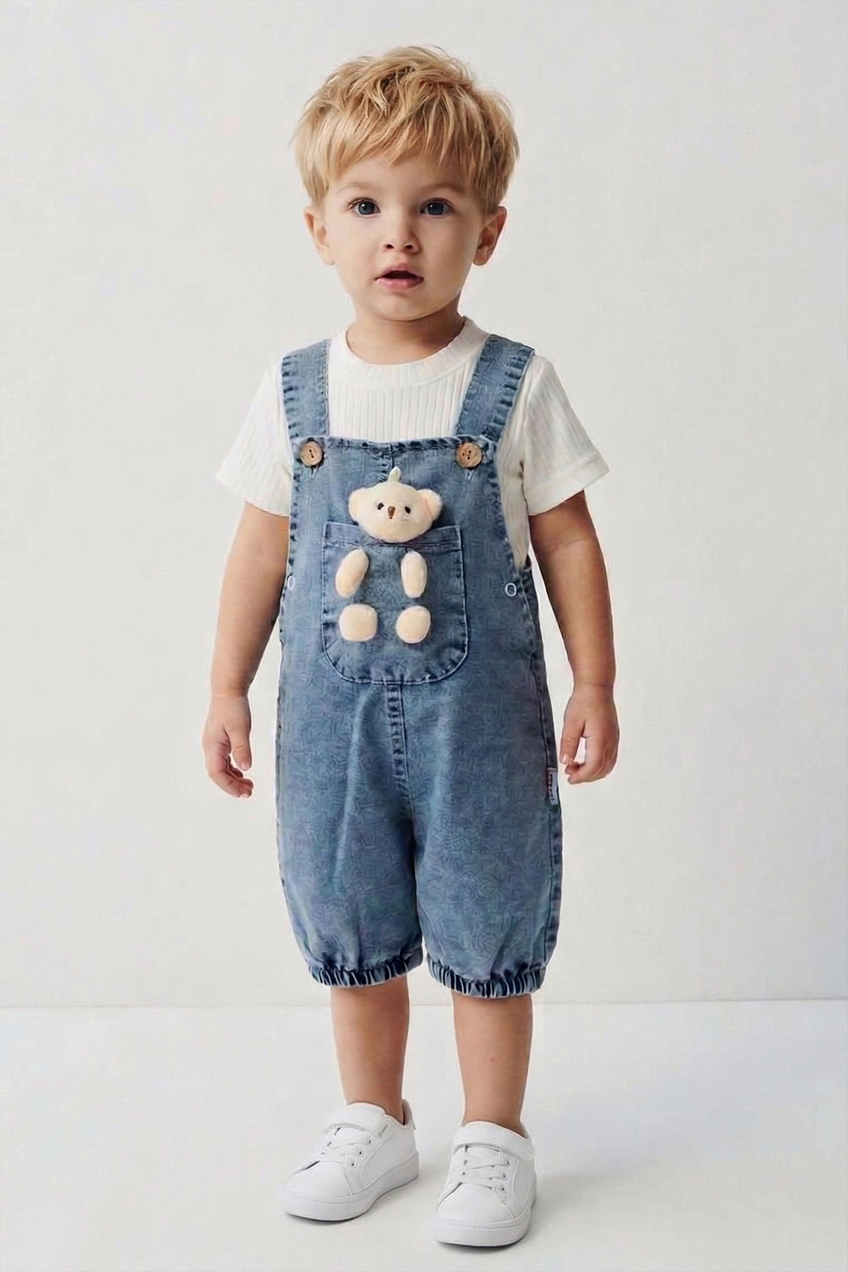 Ayıcık Detaylı Mavi Denim Salopet ve Beyaz Fitilli Tişört 2'li Bebek & Çocuk Takımı