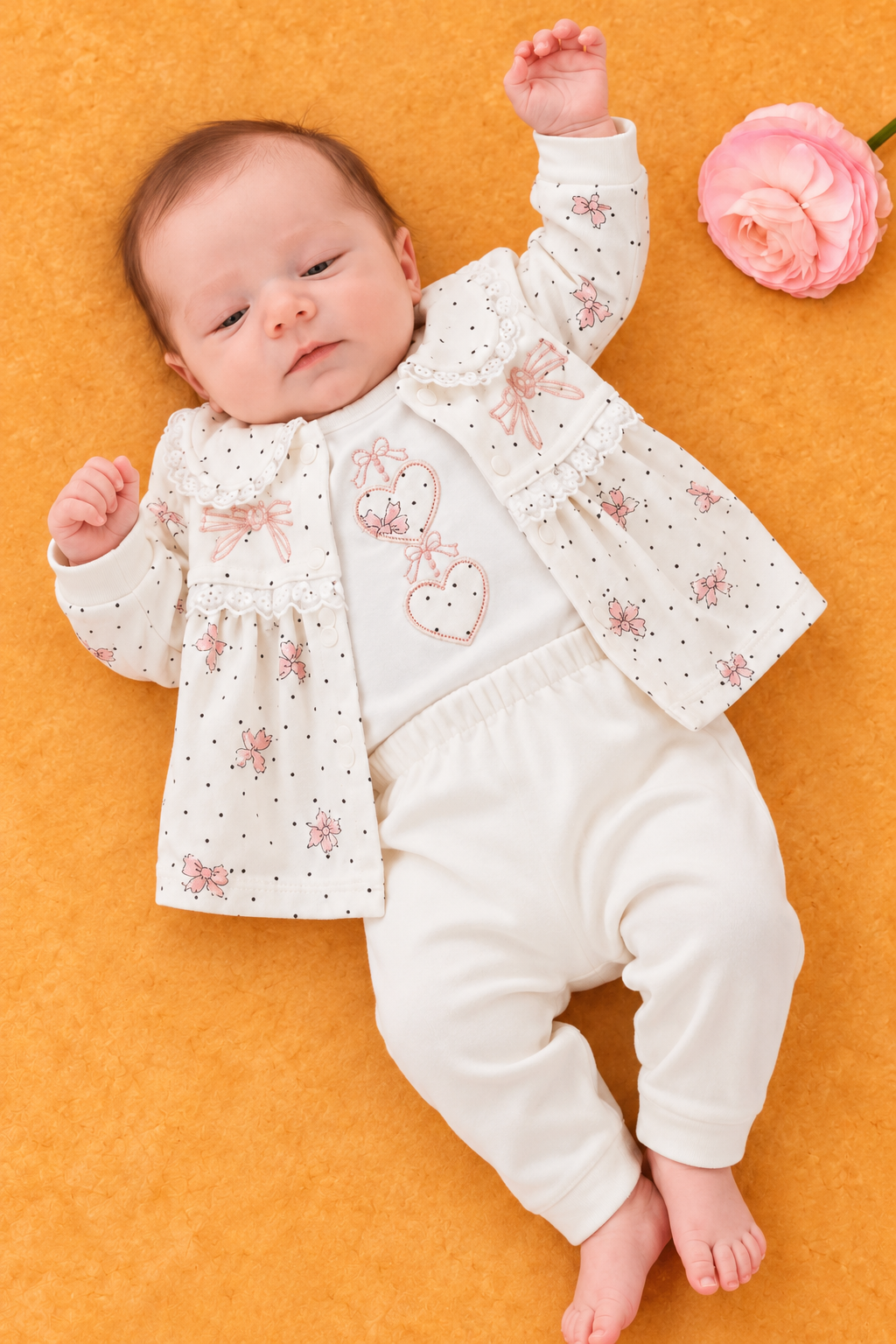 Kız Bebek Ekru Puantiyeli Bebe Yaka Hırkalı Zıbınlı Kalpli 3'Lü Takım