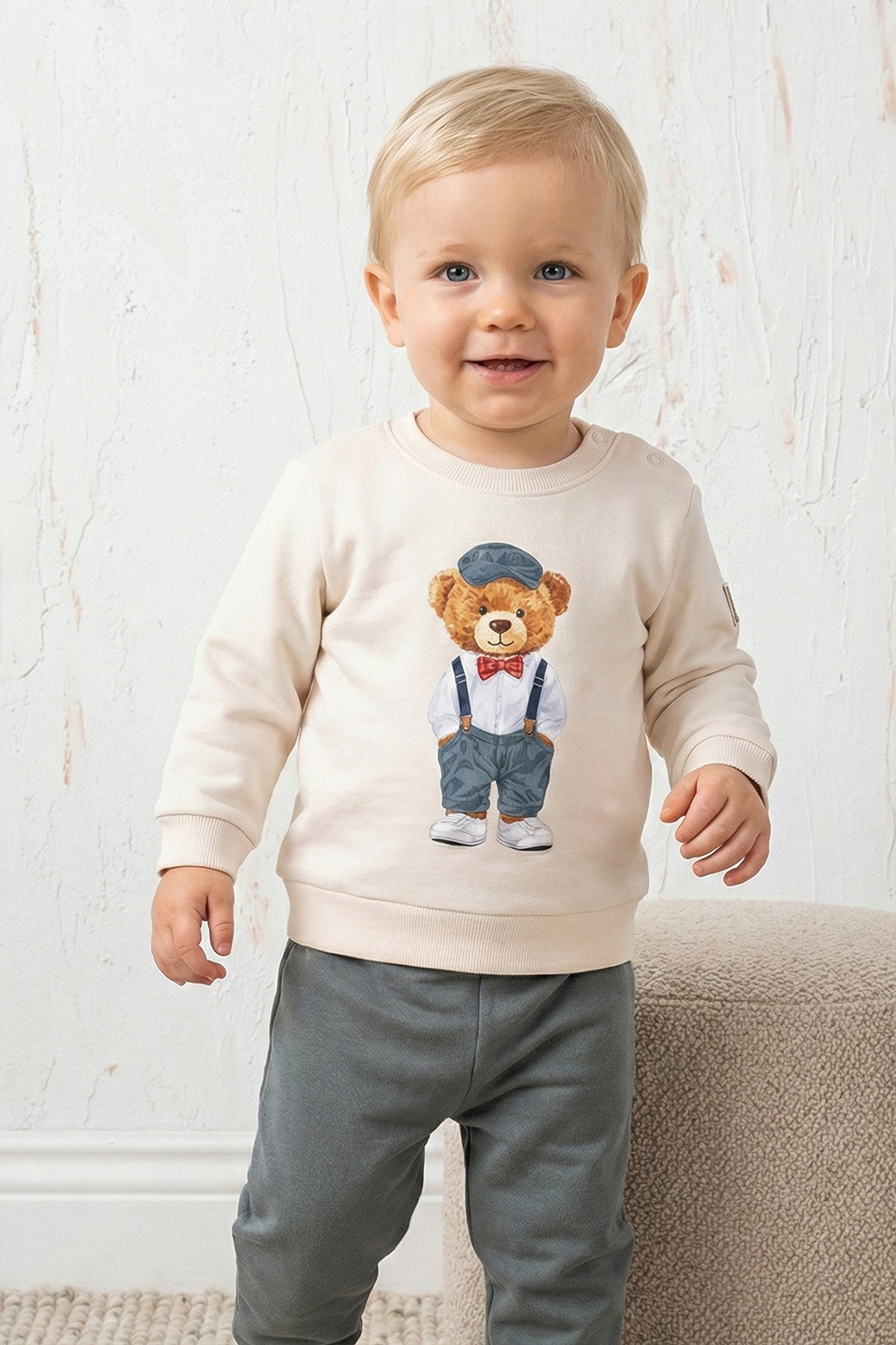 Rocha Erkek Bebek Ayıcık Baskılı 2'Li Takım - Askılı Ayıcık Sweatshirt Ve Pantolon Seti