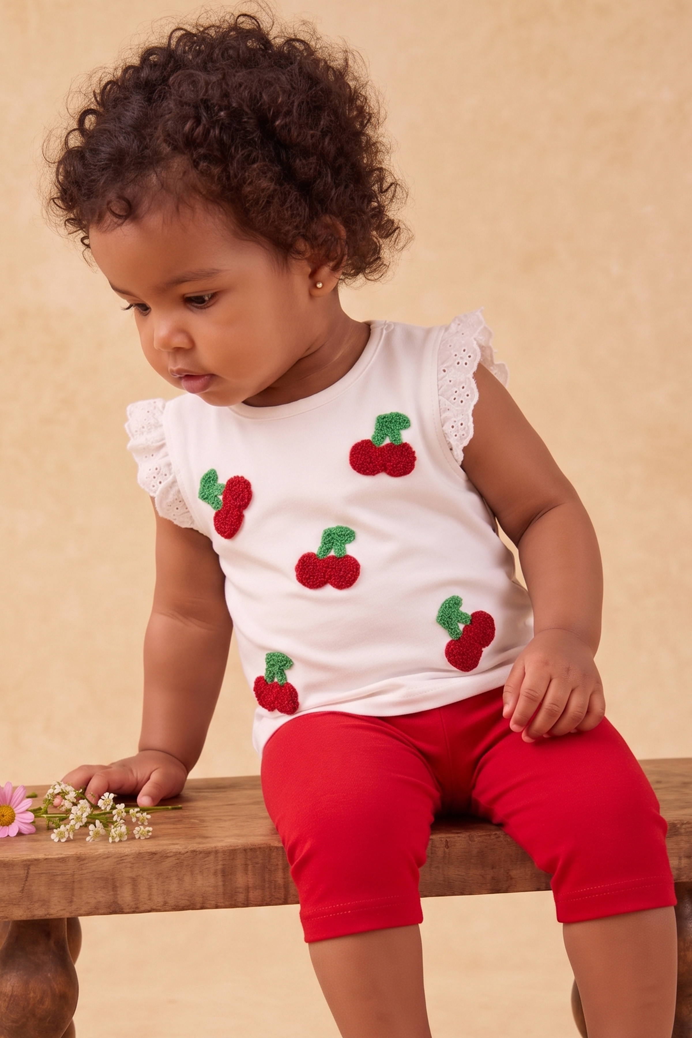 Rocha Baby Kız Bebek Kiraz İşlemeli, Fırfır Kollu Beyaz Tişört Ve Kırmızı Taytlı Takım