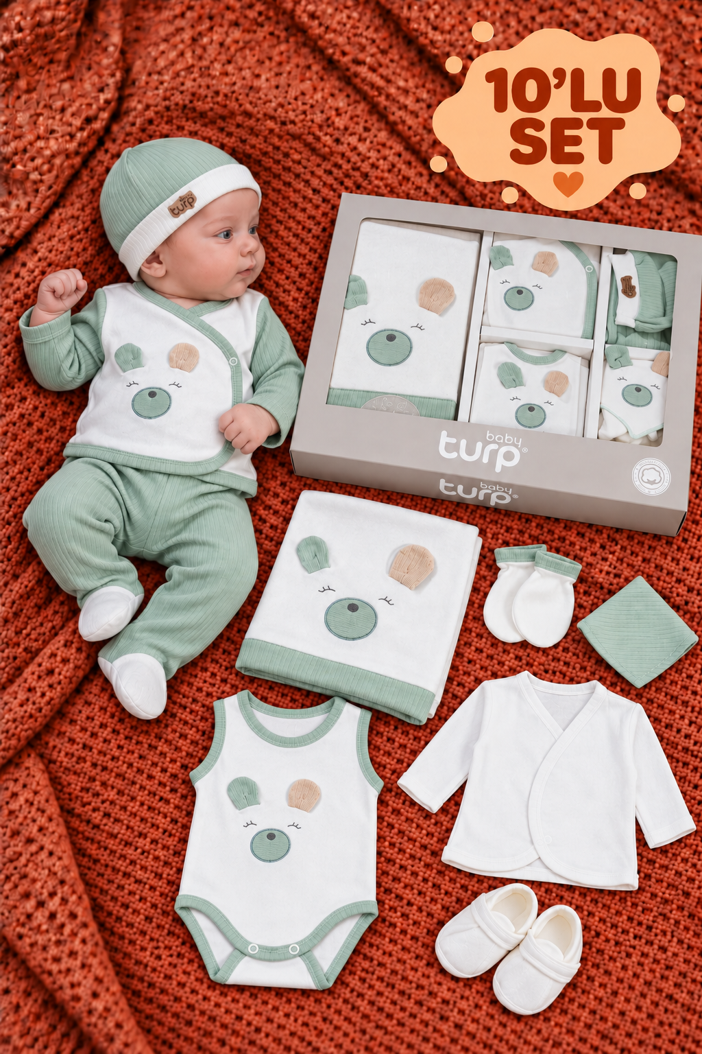 Turp Unisex Bebek 10’lu Fitilli Koala Nakışlı Özel Kutulu Hastane Çıkışı Seti