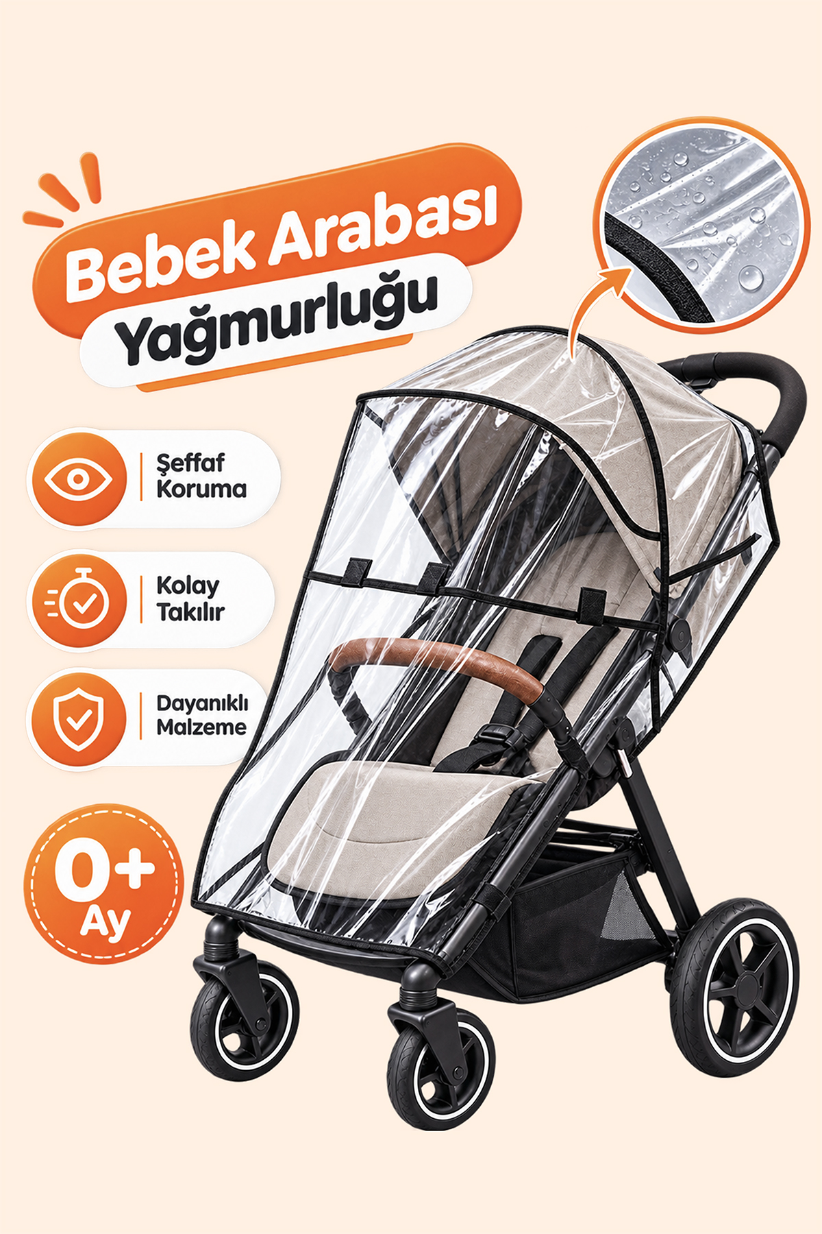Bebek Arabası Şeffaf Yağmurluk – Universal Uyumlu Yağmur Koruyucu Örtü