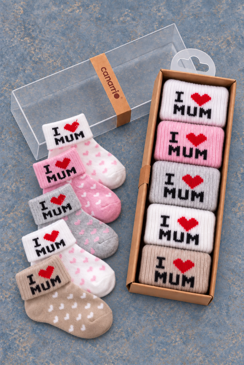 5'li I Love Mum Yazılı Kalp Desenli Kutulu Kız Bebek Çorap Seti Pamuklu