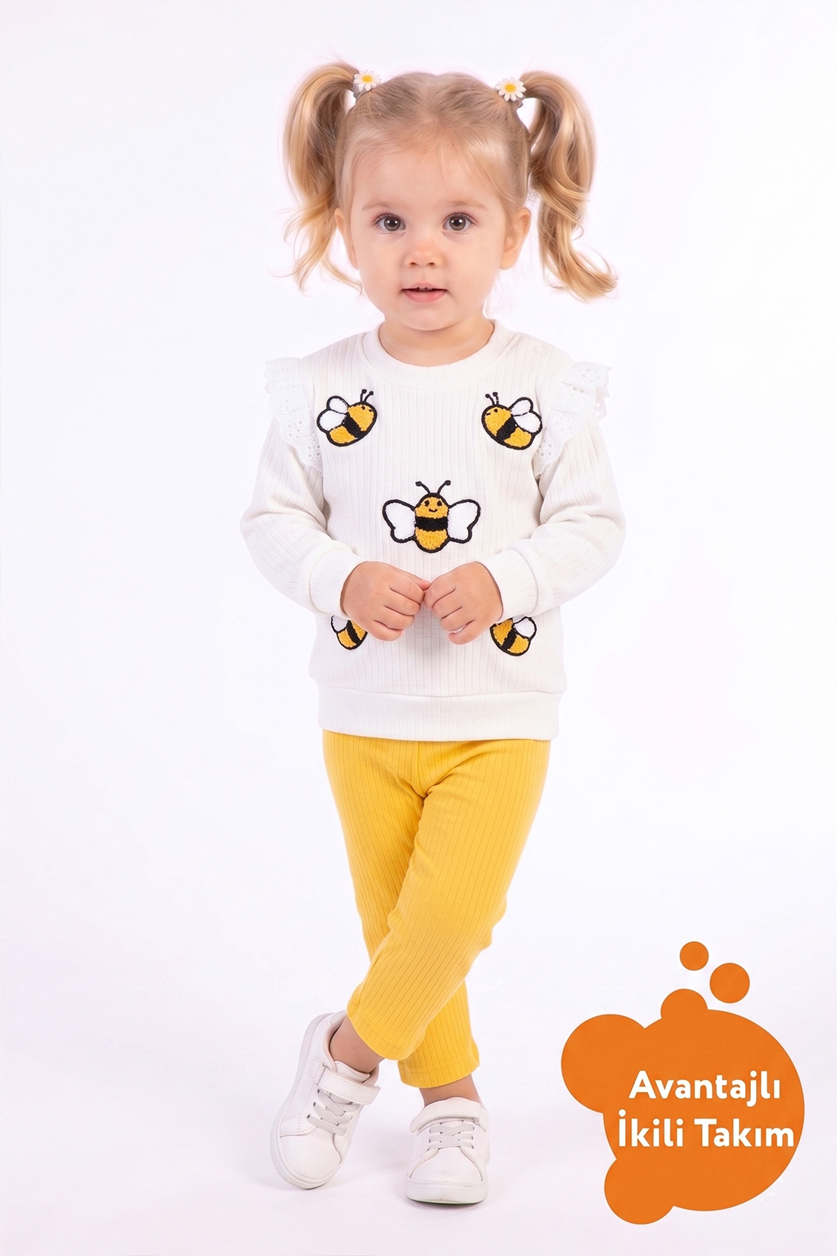 Kız Bebek Arı Nakışlı Fisto Detaylı Fitilli İkili Takım Hardal Sarı Beyaz