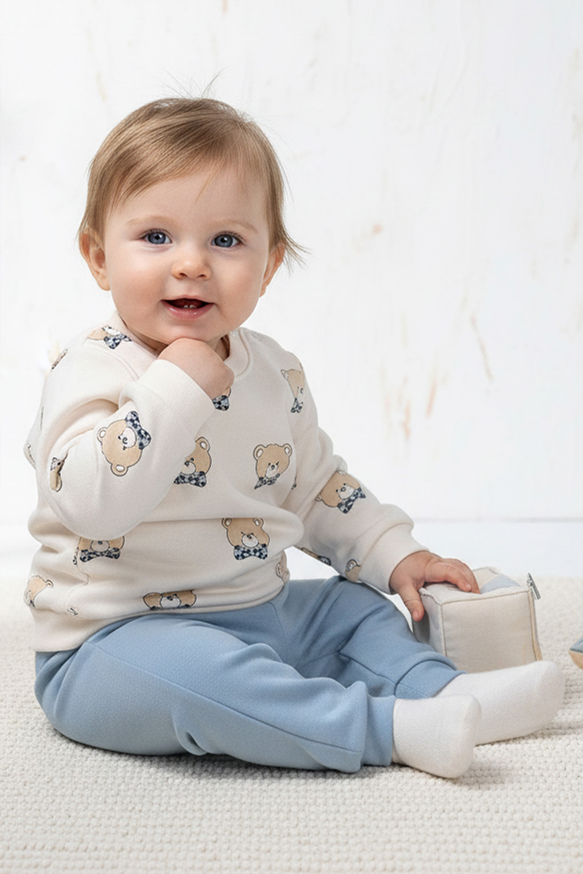 Rocha Bebek Papyonlu Ayıcık Baskılı 2'Li Takım - Pamuklu Sweatshirt Ve Jogger Pantolon Seti