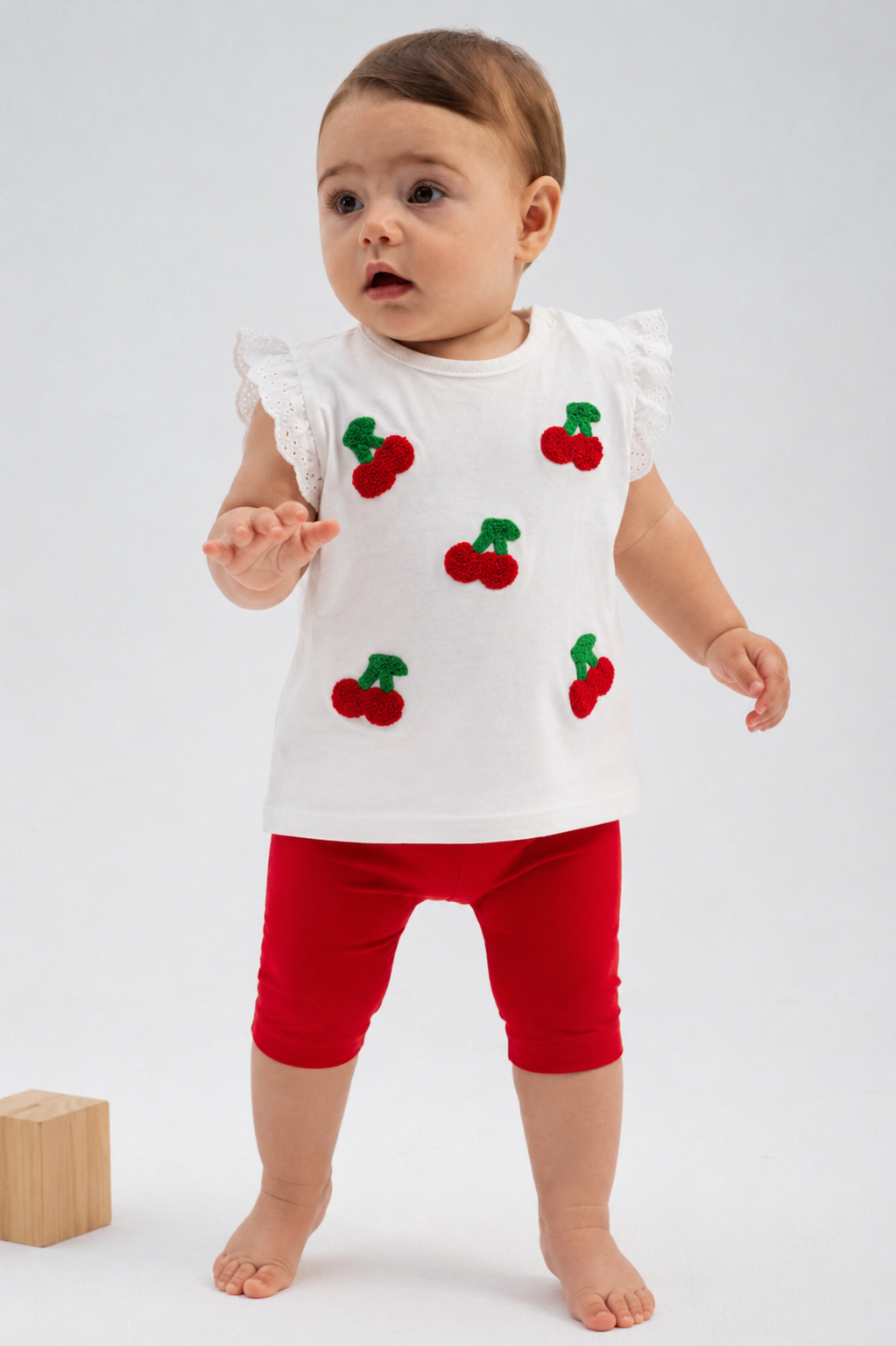 Rocha Baby Kız Bebek Kiraz İşlemeli, Fırfır Kollu Beyaz Tişört Ve Kırmızı Taytlı Takım