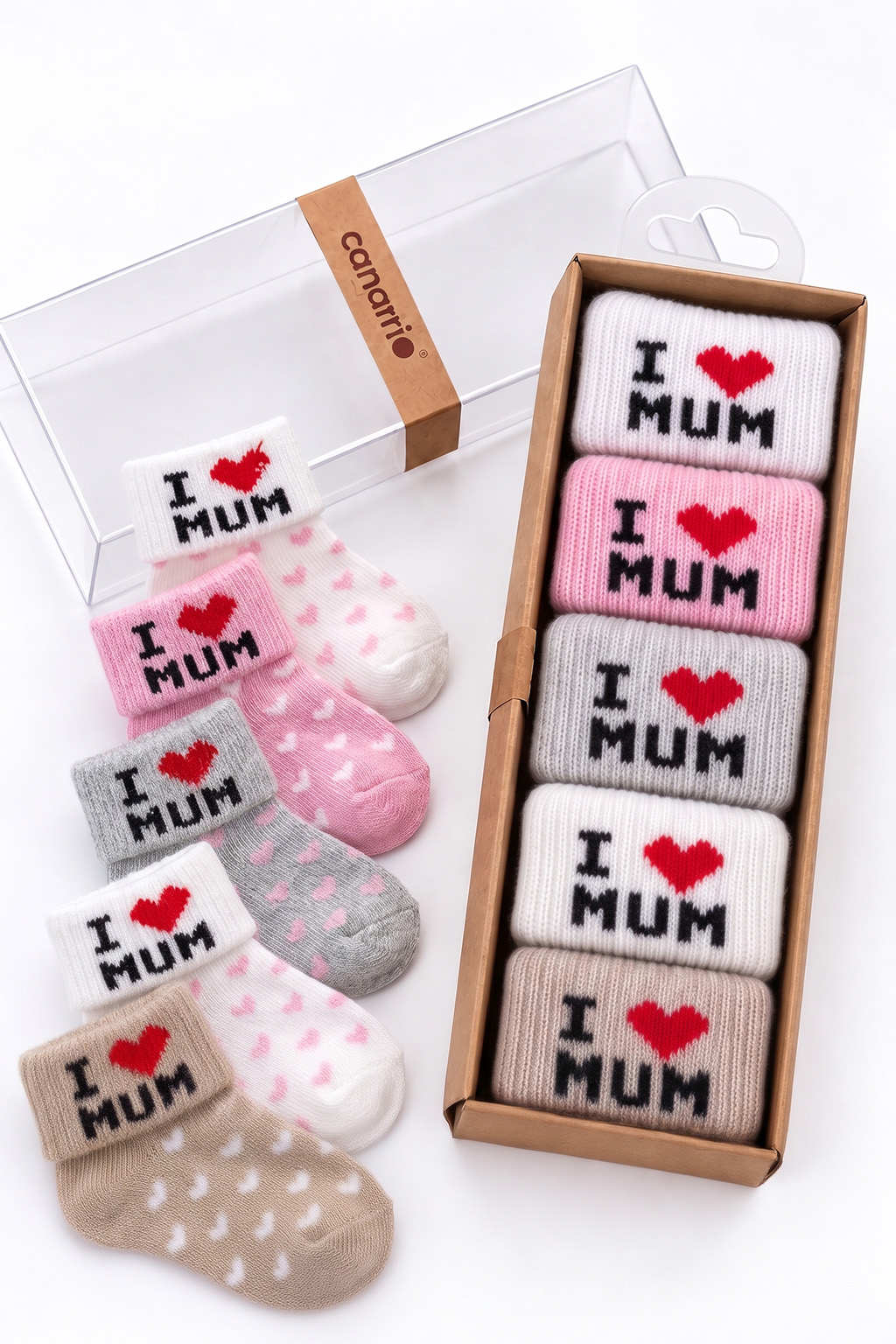 5'li I Love Mum Yazılı Kalp Desenli Kutulu Kız Bebek Çorap Seti Pamuklu