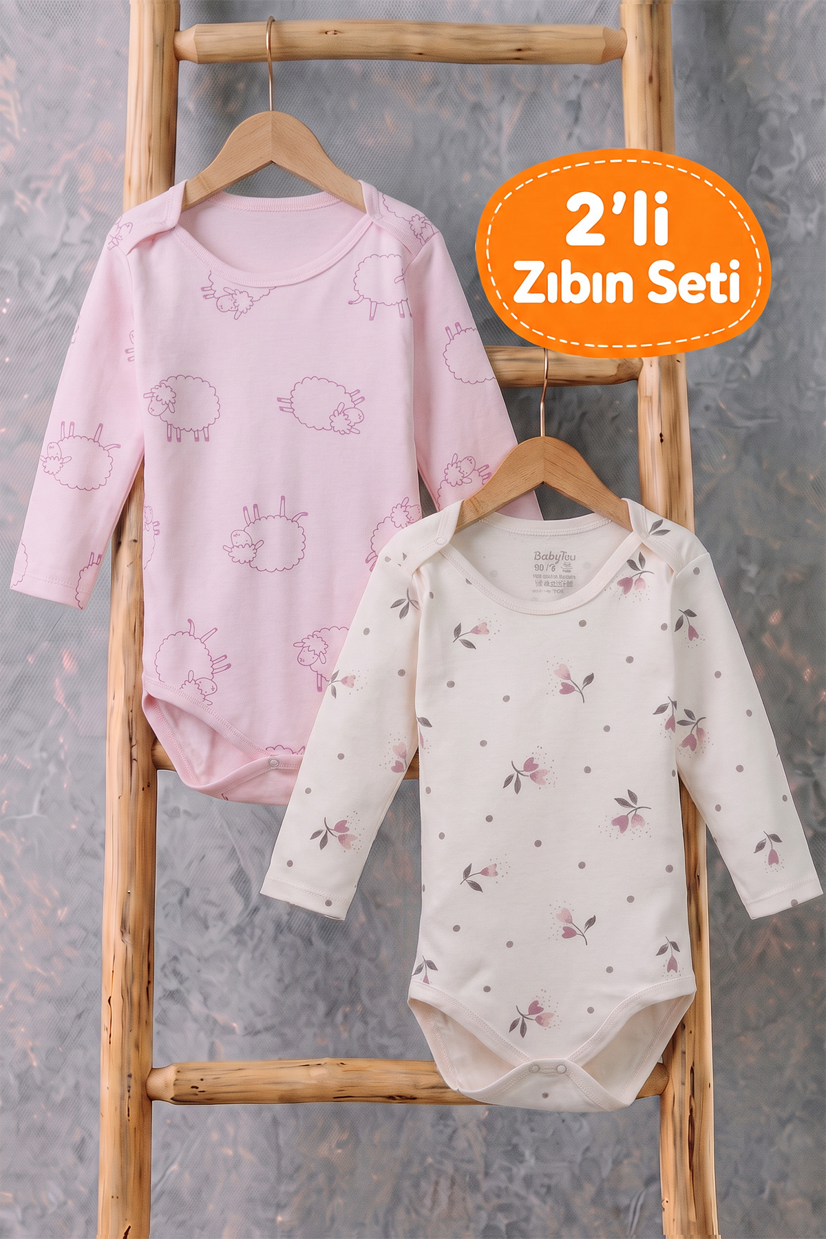 Kız Bebek 2’li Uzun Kollu Çıtçıtlı Zıbın Body Seti Kuzu ve Çiçek Desenli Pembe Ekru