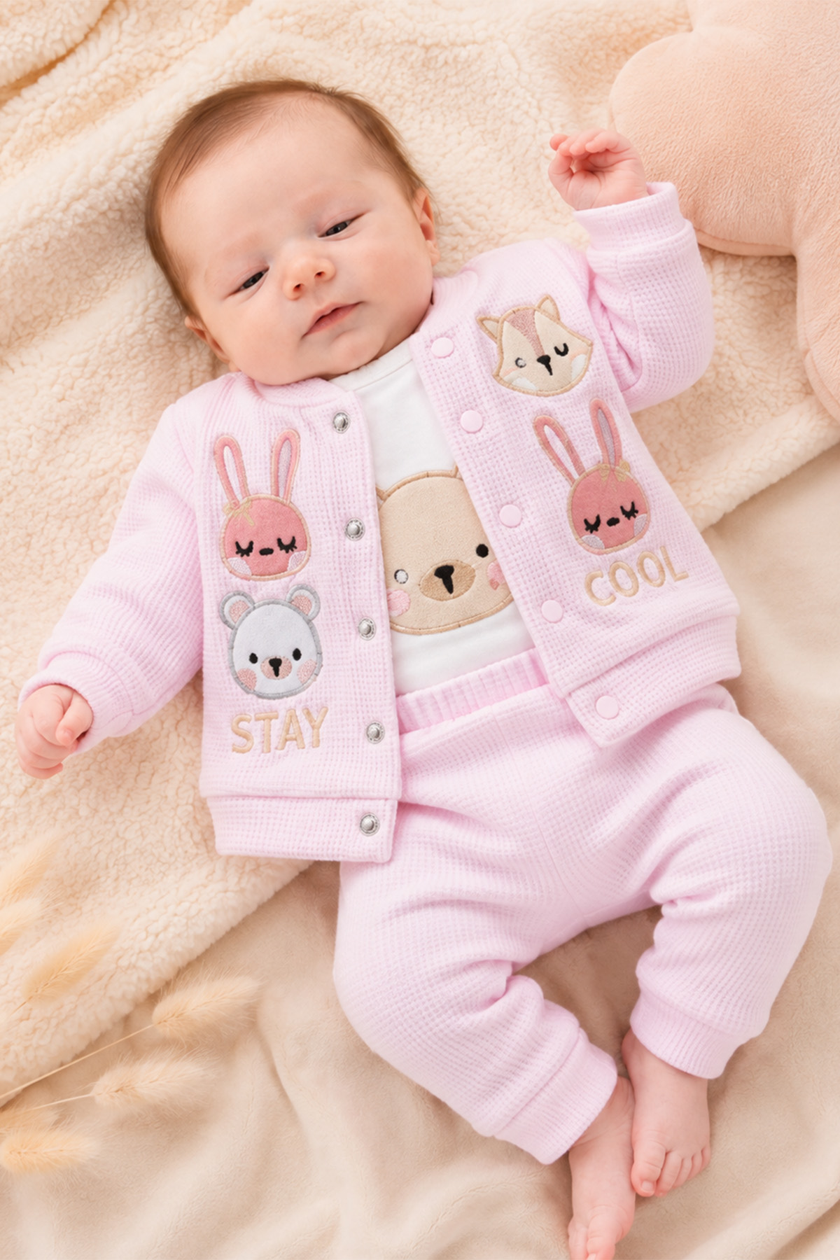 Rocha Bebek Pembe Waffle Dokulu 3’lü Takım Stay Cool Hayvan Figürlü Hırka Nakışlı Zıbın Pantolon Set