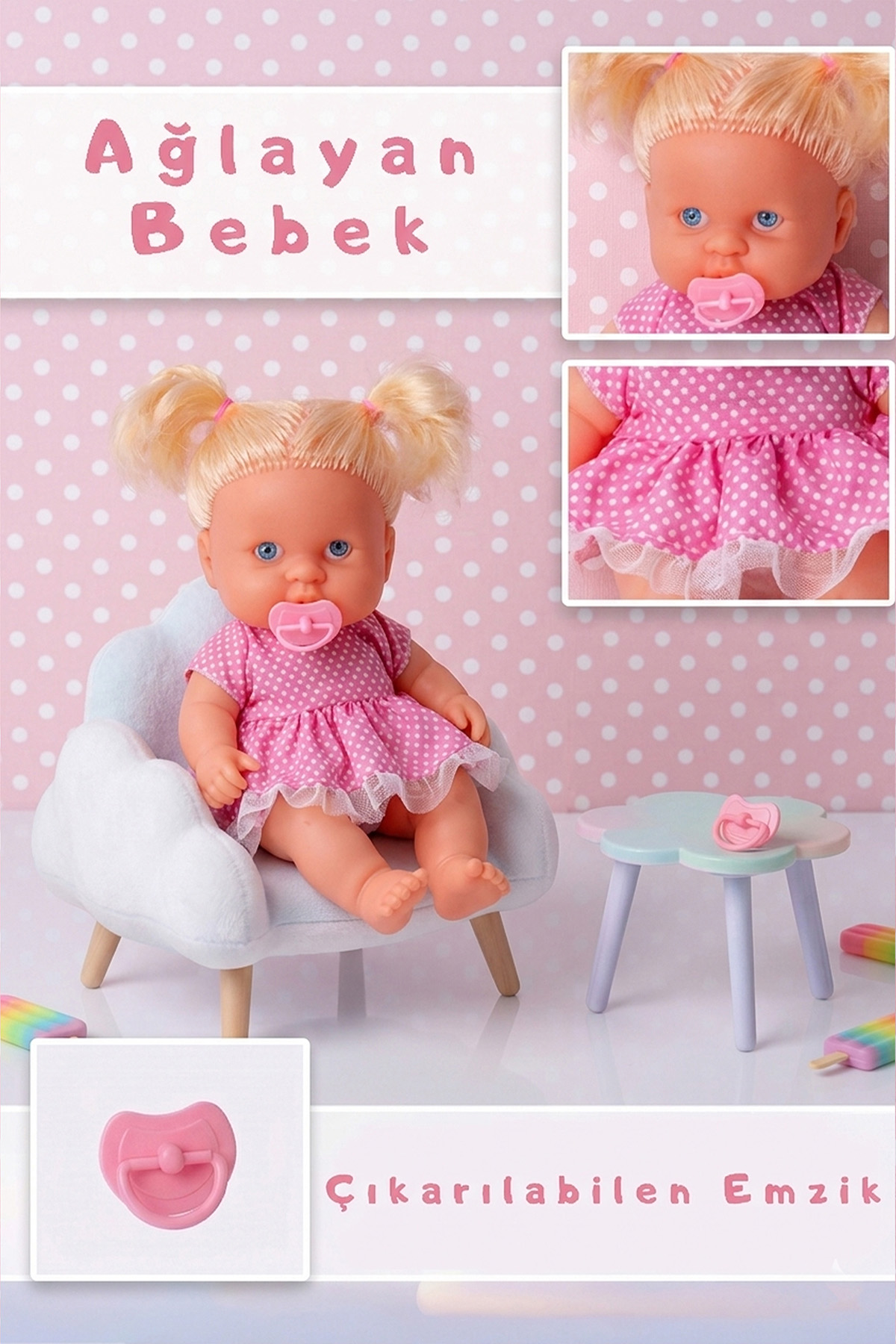 Oyuncak Ağlayan Bebek 26 Cm Sesli Ve Konuşan Çıkarılabilir Emzikli Pembe Elbiseli Kız Çocuk Oyuncak