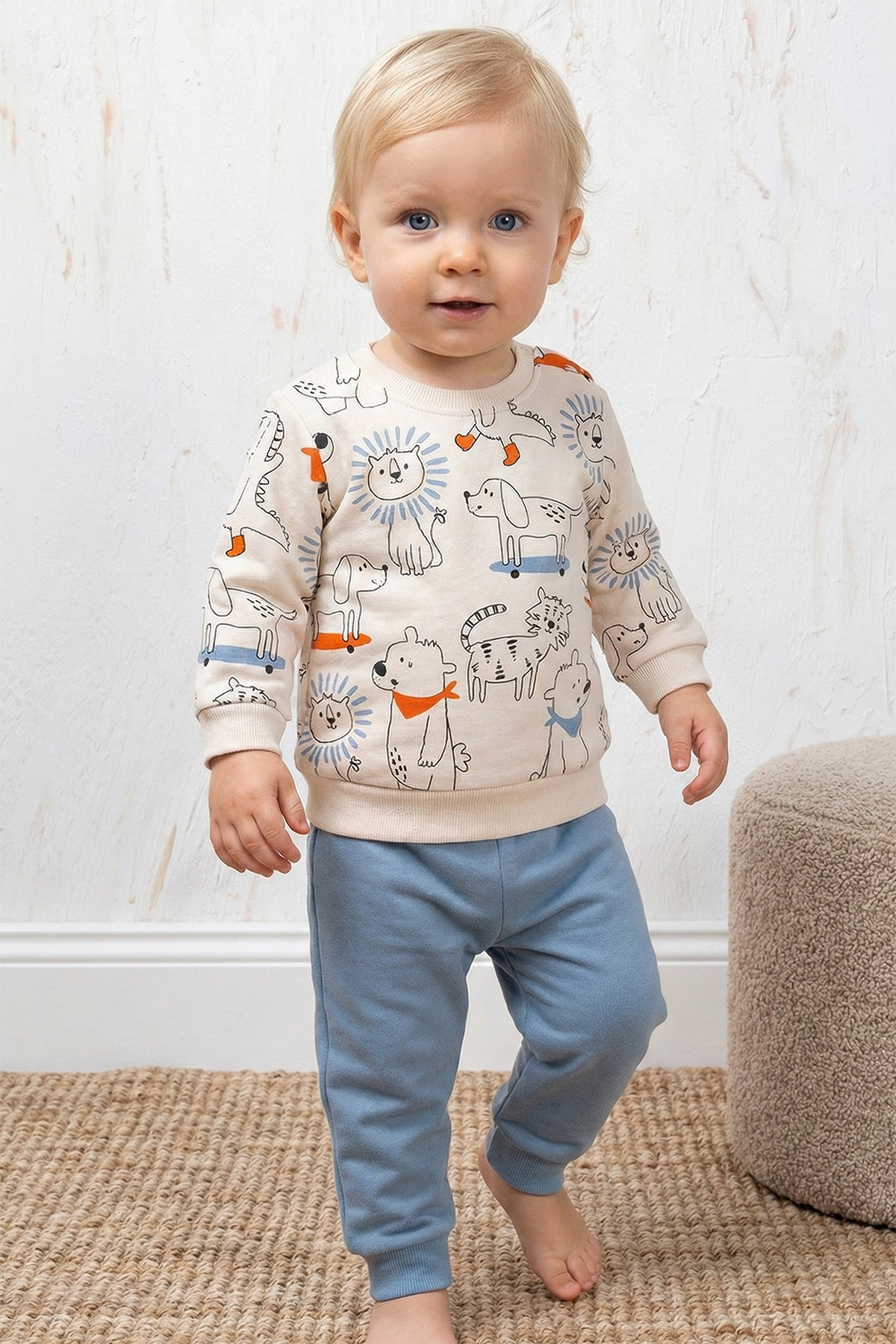 Rocha Bebek Hayvan Dostları Desenli 2'Li Takım - Pamuklu Sweatshirt Ve Pantolon Seti
