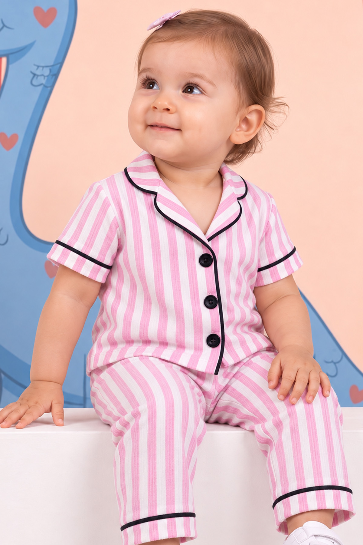 Rocha Kız Bebek Pembe Beyaz Çizgili Düğmeli 2'li Pijama Takımı - Pamuklu Uyku ve Ev Seti