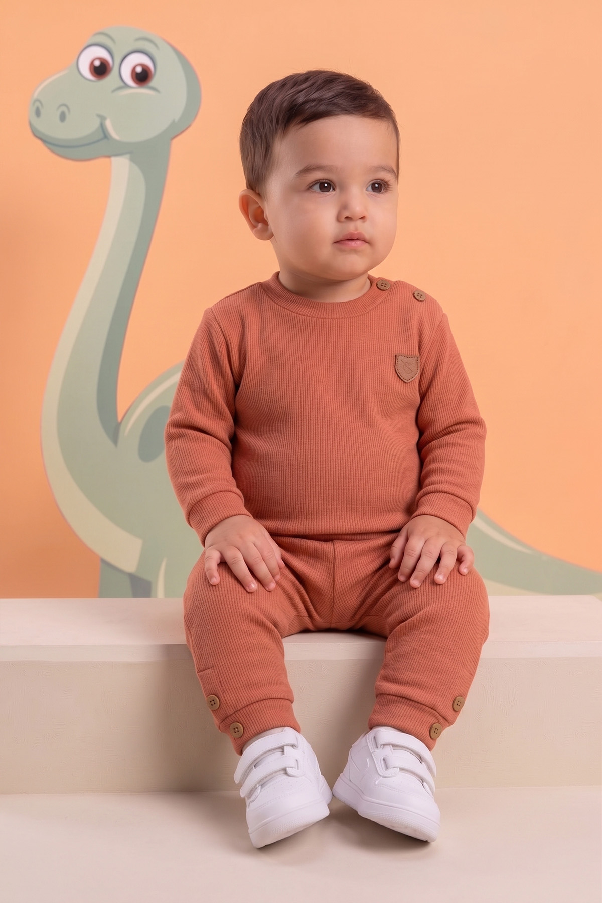 Rocha Bebek Kiremit Fitilli Düğme Detaylı 2'li Takım - Pamuklu Mevsimlik Sweatshirt ve Pantolon Seti