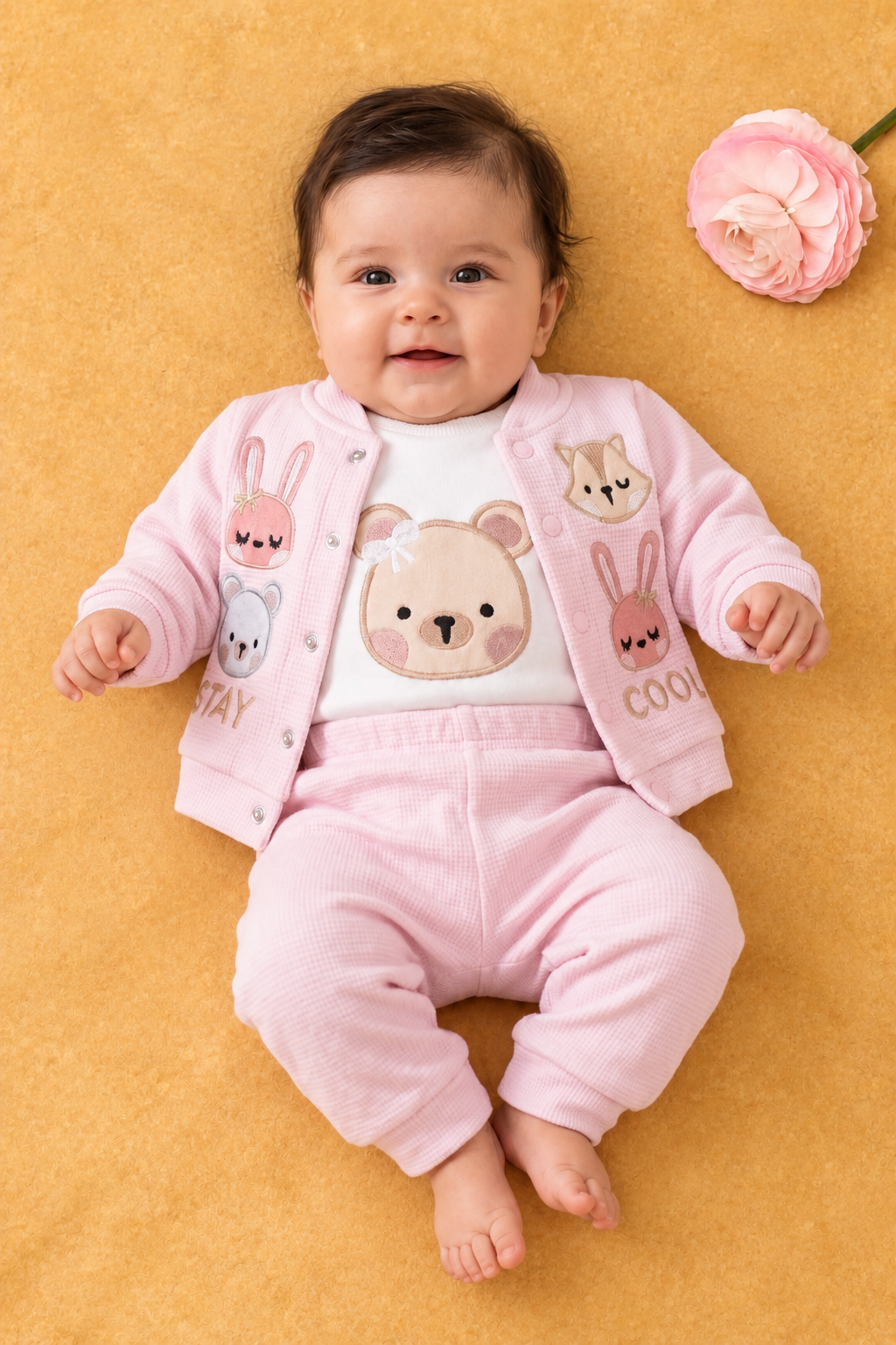 Rocha Bebek Pembe Waffle Dokulu 3’lü Takım Stay Cool Hayvan Figürlü Hırka Nakışlı Zıbın Pantolon Set