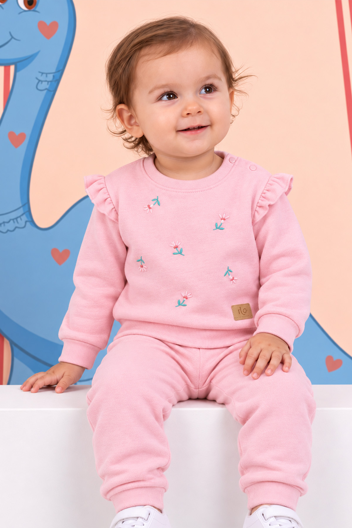 Rocha Kız Bebek Pembe Çiçek Nakışlı Fırfırlı 2'li Takım - Mevsimlik Pamuklu Set