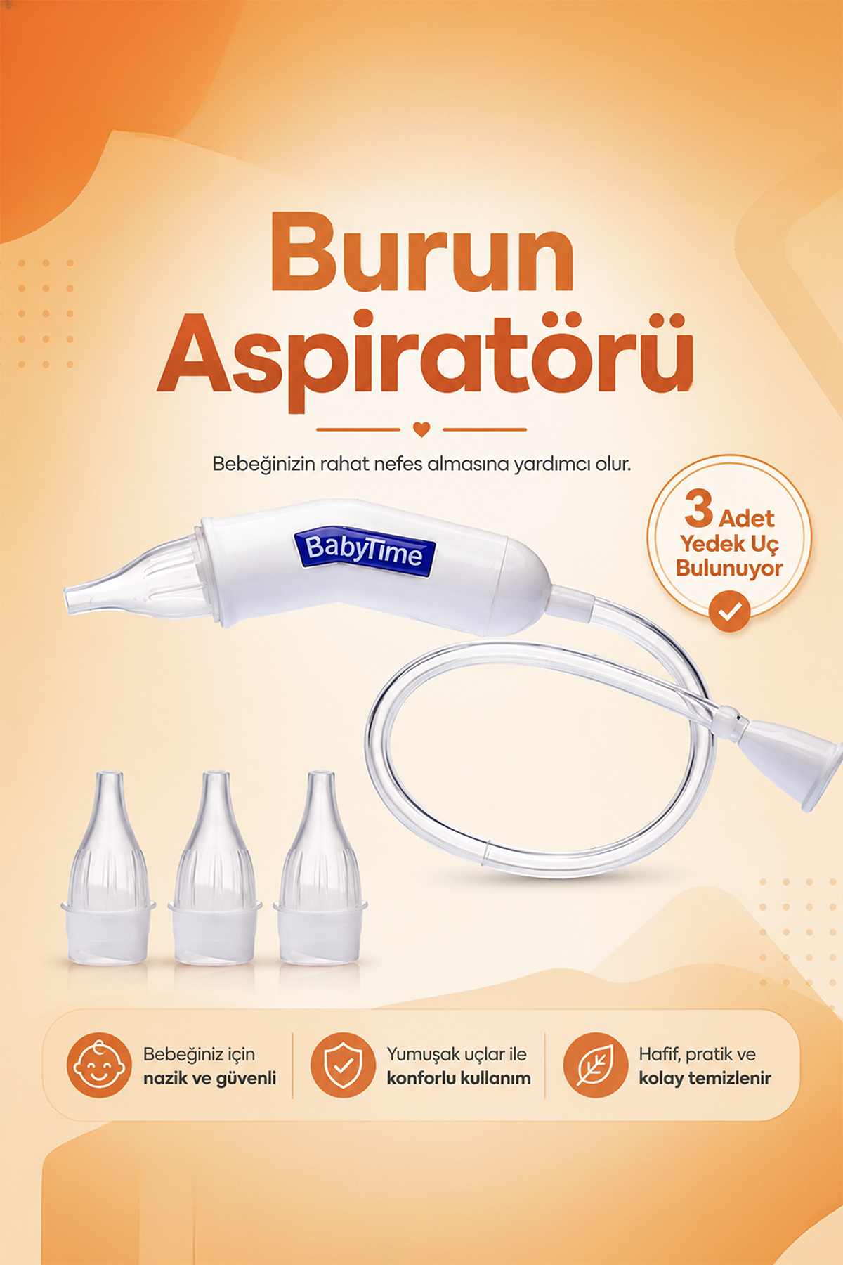 Yumuşak Uçlu Nazal Burun Aspiratörü 3 Yedek Uçlu Kutulu Bebek Burun Temizleme Aparatı