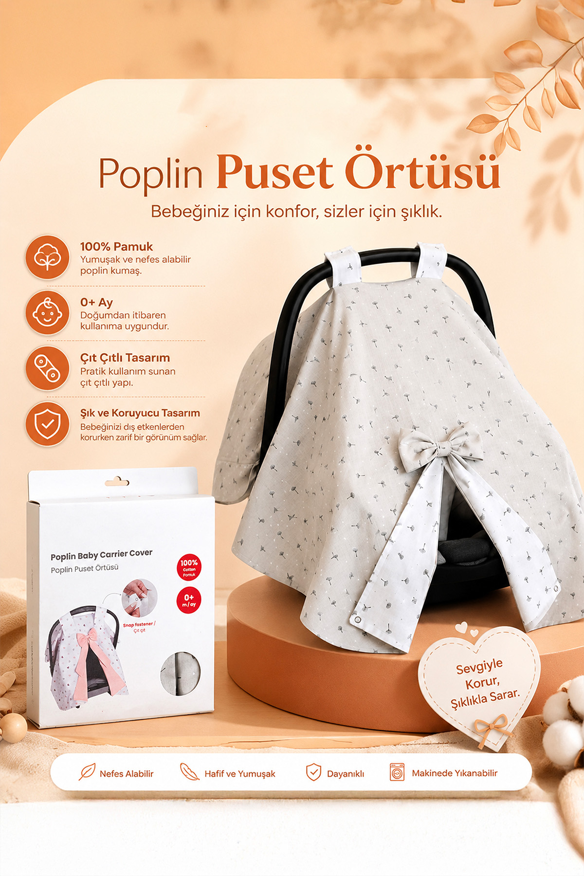 0 Pamuk Poplin Fiyonklu Puset Örtüsü - Çıtçıtlı Bebek Ana Kucağı Örtüsü