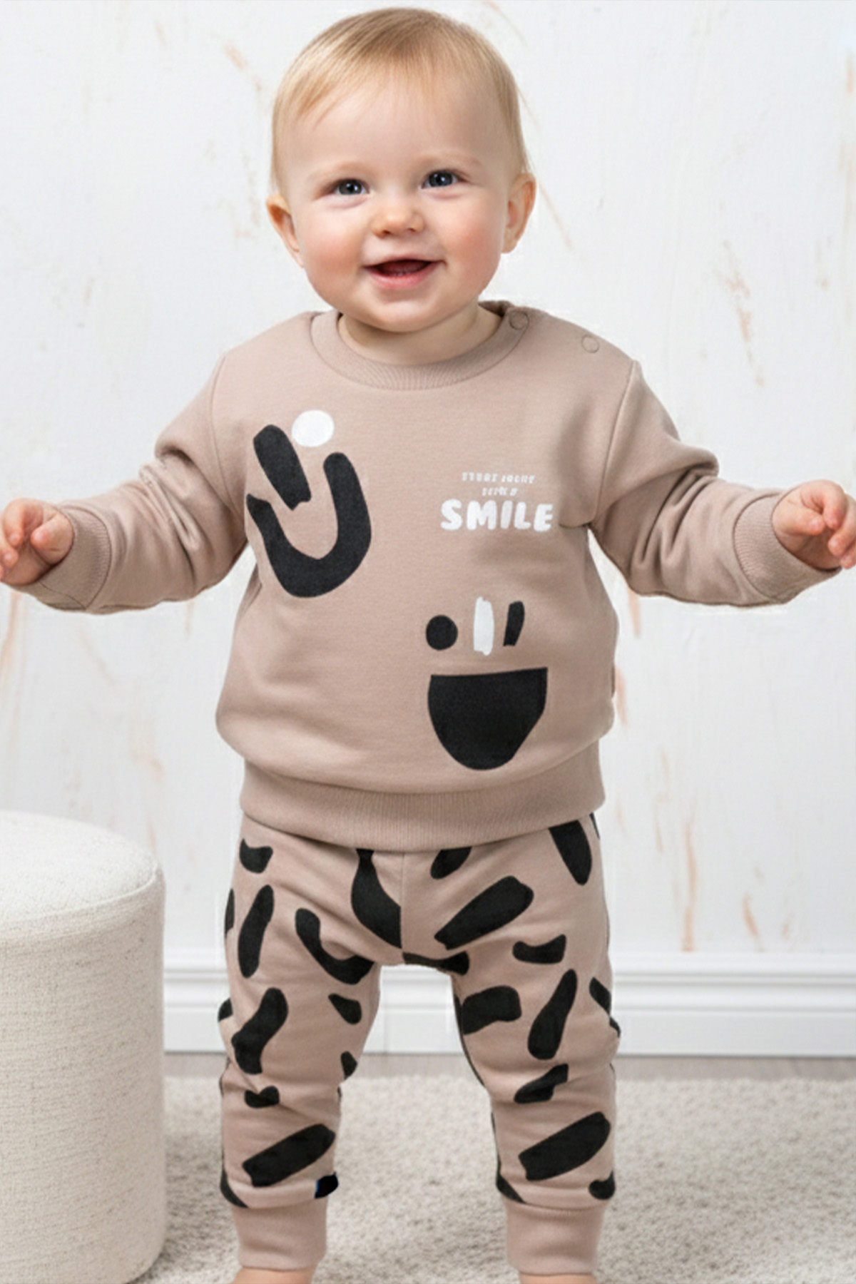 Rocha Bebek Smile Baskılı 2'li Bebek Takım - Desenli Pantolonlu Pamuklu Sweatshirt Seti